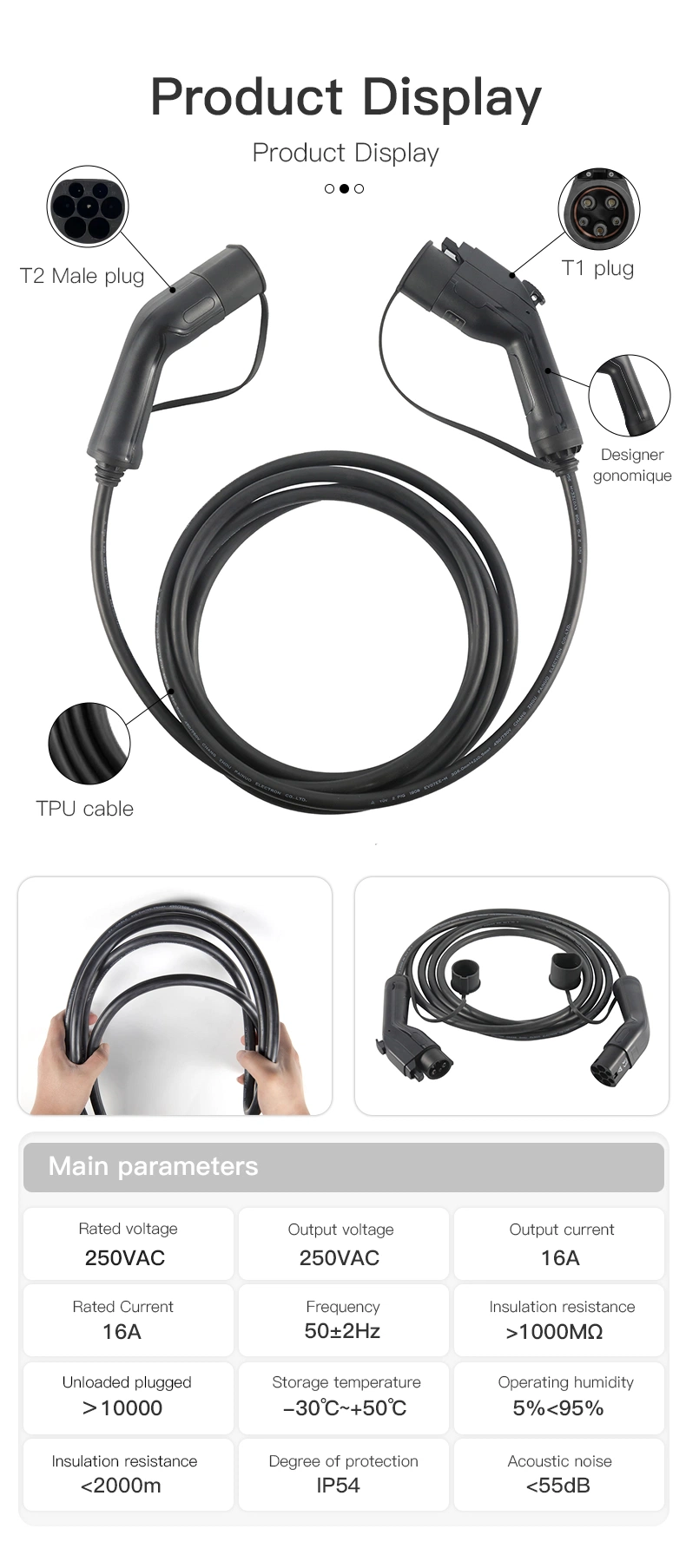 Mode3 Type 1 to Type 2 16A 250V Connector EV Charger Cable J1772 Electric Car Charging Station EV Adapter